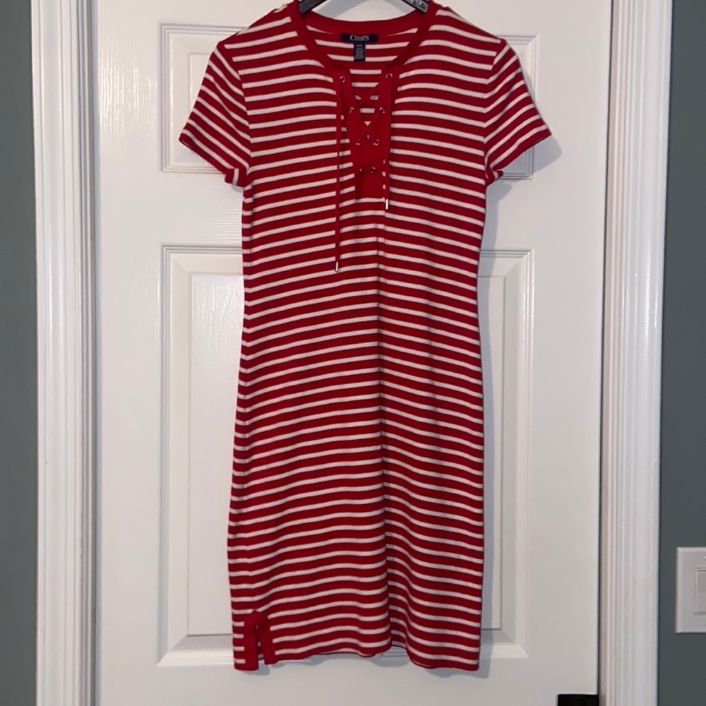 Chaps Striped Dress Vneck Lace Up Red White